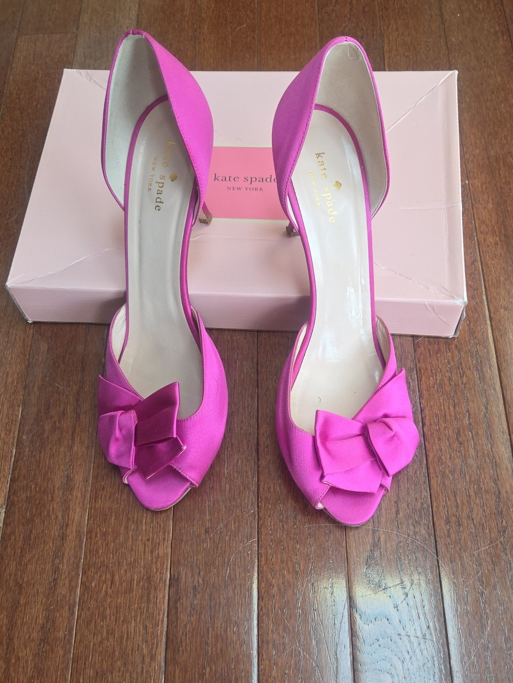 kate spade hot pink satin peep-toe d'Orsay heels with bow